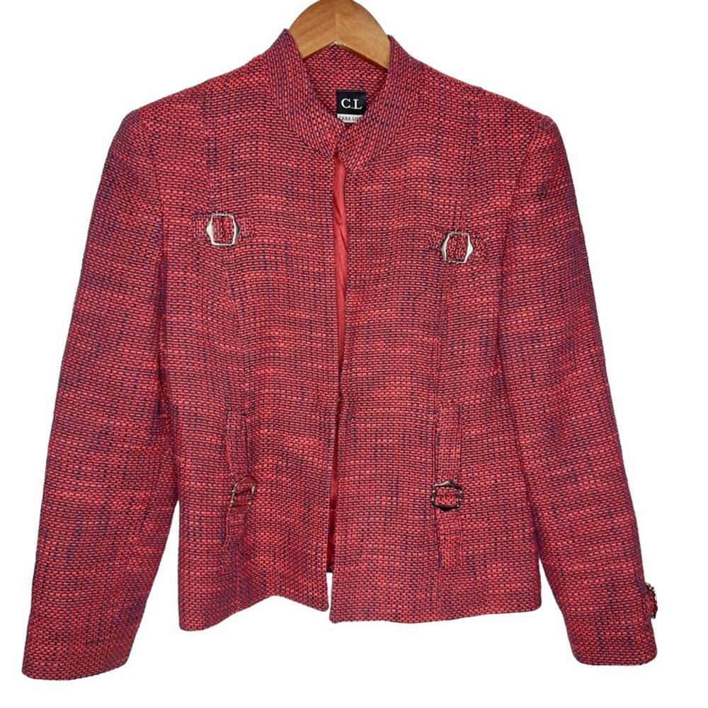 Cara Lotti Woven Open Blazer Jacket Size 38 Red Buckle Strap Detail Linen Blend